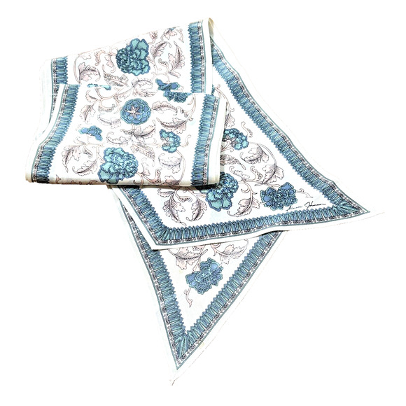 Vintage Ginnie Johansen Silk Scarf Intricate Floral Cream Pink Blue Oblong Tie - Picture 1 of 8